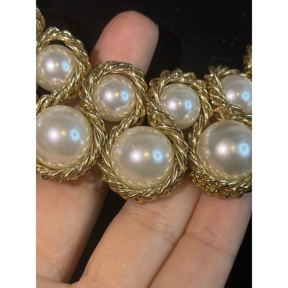 Chico's Faux Pearl Twisted Rope Caged Gold Tone Bib Statement Necklace Hangtag - Picture 5 of 5